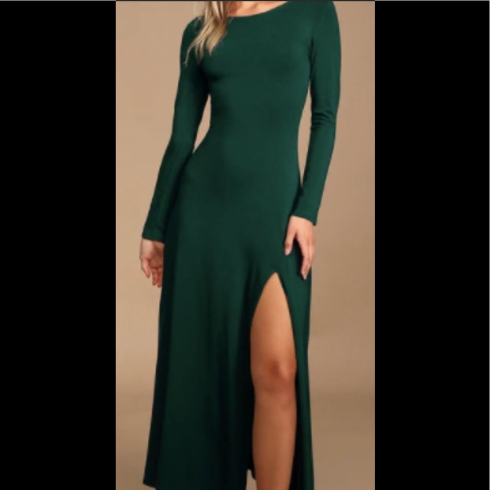 Long Sleeved Forest Green Long Dress L with Front Slit